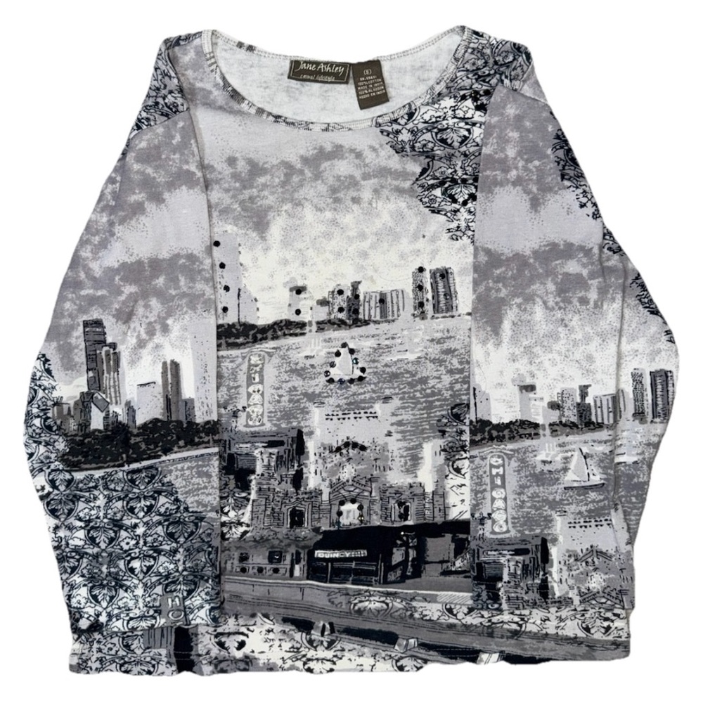 Jane Ashley Gray Black Cityscape Graphic 3/4 Sleeve Top S Cotton
